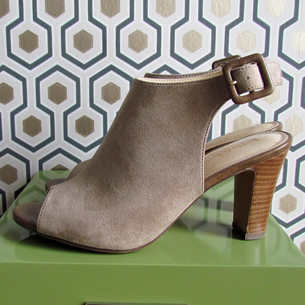 Open Toed Sling Back Tan Nubuck Heels
